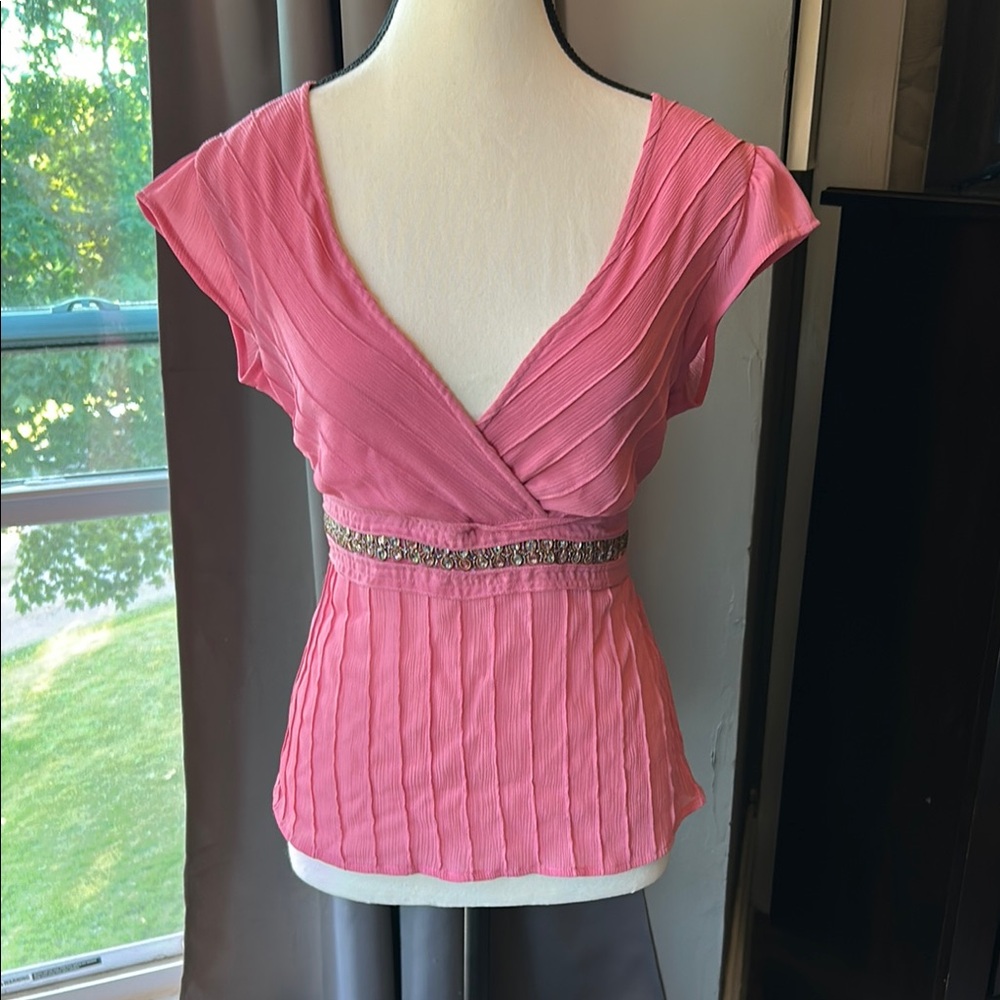 New York & Company Pink Cap Sleeve Wrap Blouse